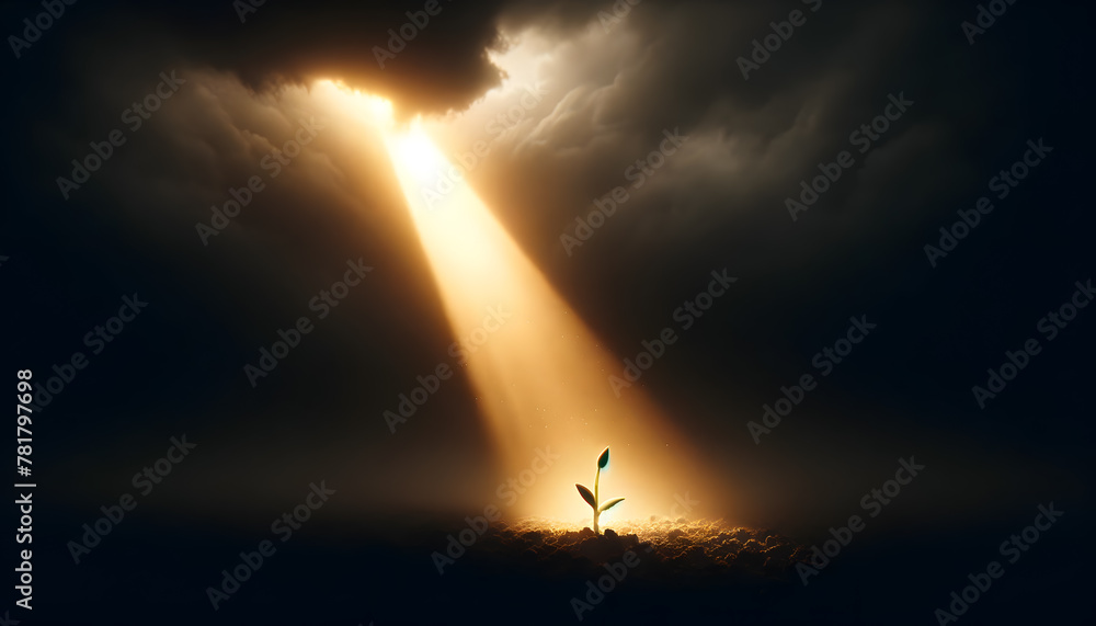 Delicate beam of light breaking through a dark, cloudy background