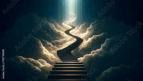 Endless staircase ascending into the clouds, symbolizing the relentless pursuit of goals and the challenges faced along the way. photo