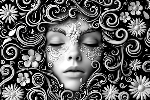 Monochrome beauty womans face in black and white surrounded by floral swirls