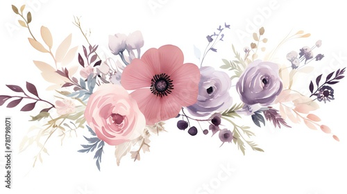 Vector floral arrangement design: creamy powdered garden pink peach lavender pale Berries, eucalyptus branches, anemones, and rose wax flowers. 
