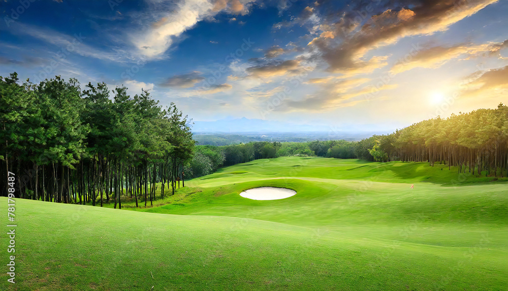 Fototapeta premium Golf course. fairway. Green grass and forest background.