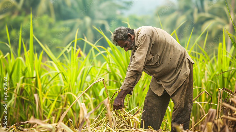 An indian farmer working in a sugarcane field. An indian farmer working in a sugarcane field.