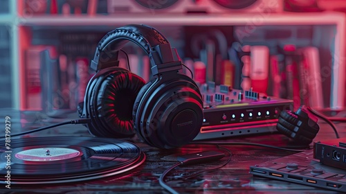 Rediscover the nostalgic charm of 90s wired headphones and vinyl records in a retro tech music session. photo
