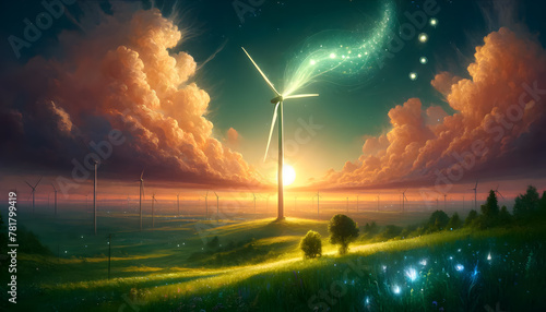 The wind turbine surrounded by floating, glowing orbs of light or mystical creatures, symbolizing the magical energy harnessed from the wind. 