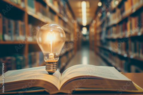 Light bulb glowing over an open book in library, concept of ideas, knowledge and creative inspiration.