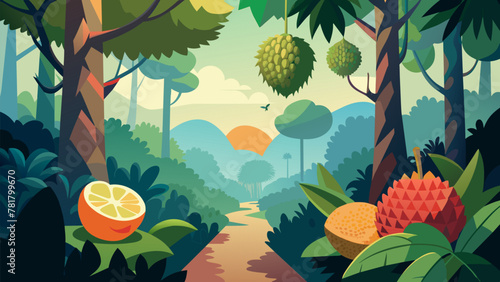 A tropical forest filled with ripe juicy fruits hanging from trees and emerging from the lush foliage. From durian to lychee each fruit has a