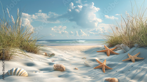 A tranquil beach setting with white sand, starfish, seashells, and a clear sky reflecting a calm atmosphere