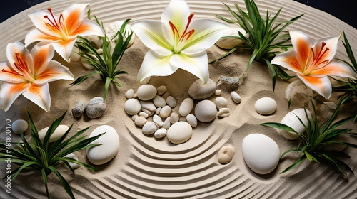 zen garden with sand  lilies  and spa stones .