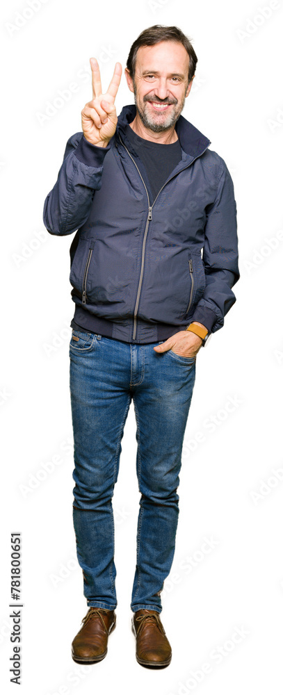 Middle age handsome man wearing a jacket showing and pointing up with fingers number two while smiling confident and happy. Middle age handsome man wearing a jacket showing and pointing up with fingers number two while smiling confident and happy.