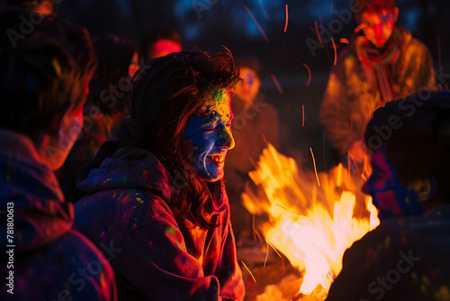 A group of people gathered around a large bonfire, flames reflecting in their eyes and colorful pigments smeared on their faces in the middle of holi powder explosion