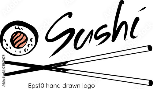 Vector sushi restaurant hand drawn logo with maki roll and chopsticks isolated on white background