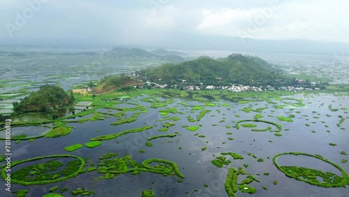 Aerial view loktak lake is the largest freshwater lake and thanga village in India as well as the largest lake in manipur north east India.