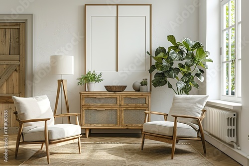 Beige and wooden living room with armchairs, dresser and poster