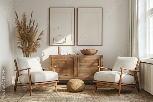 Beige and wooden living room with armchairs, dresser and poster