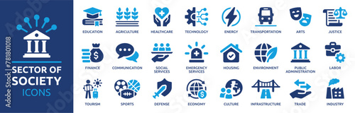 Sector of society icon set. Containing agriculture, education, healthcare, energy, technology, transportation, arts, justice and more. Solid vector icons collection.  photo