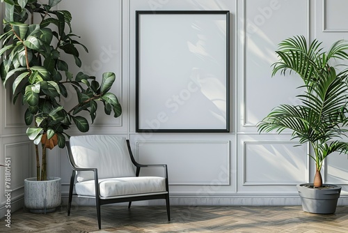 Black frame mockup in classic white interior with modern furniture