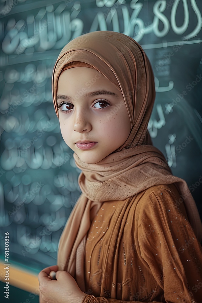 Naklejka premium A close-up portrait of a Muslim girl in a school classroom answering at the blackboard. Leading the way with intelligence and grace.