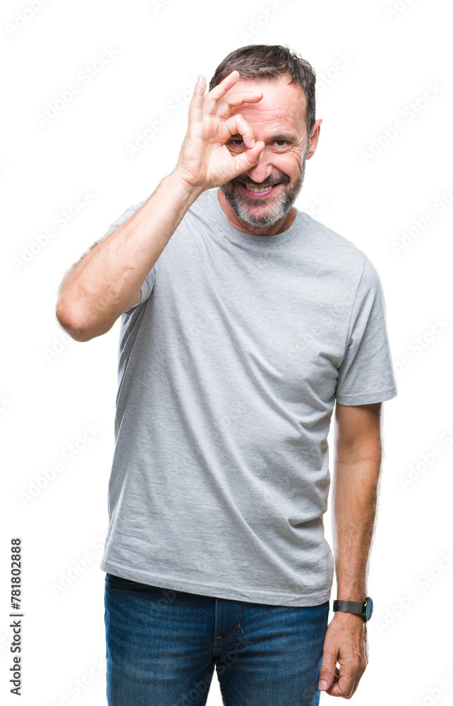 Middle age senior hoary man over isolated background doing ok gesture with hand smiling, eye looking through fingers with happy face. Middle age senior hoary man over isolated background doing ok gesture with hand smiling, eye looking through fingers with happy face.
