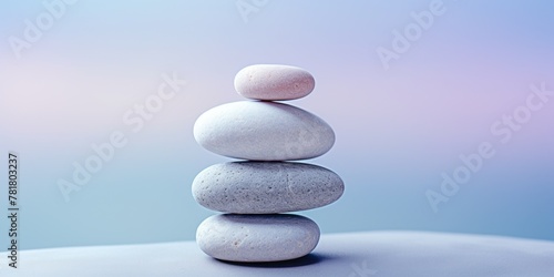 A stack of white rocks on a beach. The rocks are arranged in a pyramid shape. Concept of calm and tranquility  as the rocks are placed in a peaceful setting