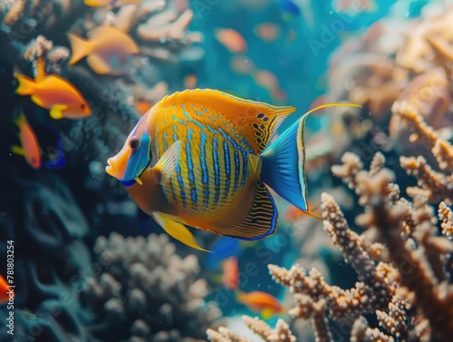 A colorful fish is swimming in a coral reef. The fish is surrounded by other fish of various colors and sizes. The scene is vibrant and lively, showcasing the beauty of marine life