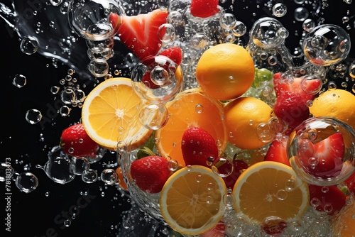 Assorted fruits of orange  berries  grapefruit  lemon  strawberry falling into clear water 