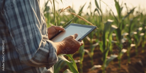 A man is holding a tablet in his hand while standing in a field of corn. Concept of productivity and connection to nature, as the man is using technology to monitor and manage the crops