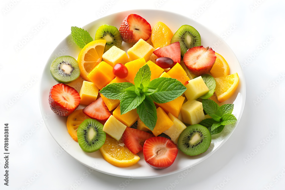 Colorful fruit salad with fresh strawberries, kiwi, orange, mango, and mint on a white plate