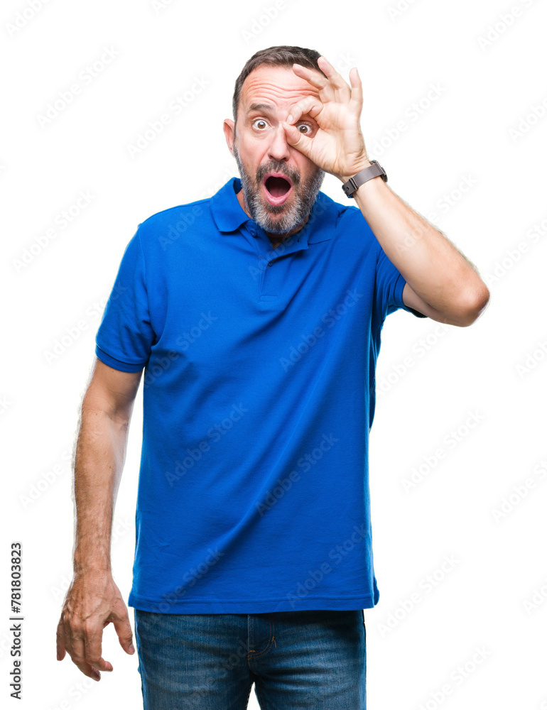 Middle age hoary senior man over isolated background doing ok gesture shocked with surprised face, eye looking through fingers. Unbelieving expression. Middle age hoary senior man over isolated background doing ok gesture shocked with surprised face, eye looking through fingers. Unbelieving expression.