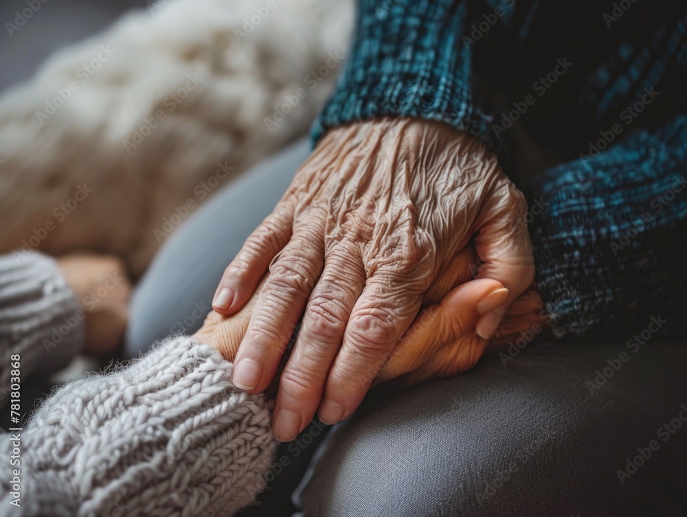 Fototapeta premium A woman is holding the hand of an elderly man. The woman is wearing a sweater and the man is wearing a blue shirt. Concept of warmth and comfort, as the woman is offering support
