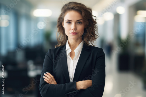 A woman in a business suit is standing in a room with her arms crossed. She has a serious expression on her face