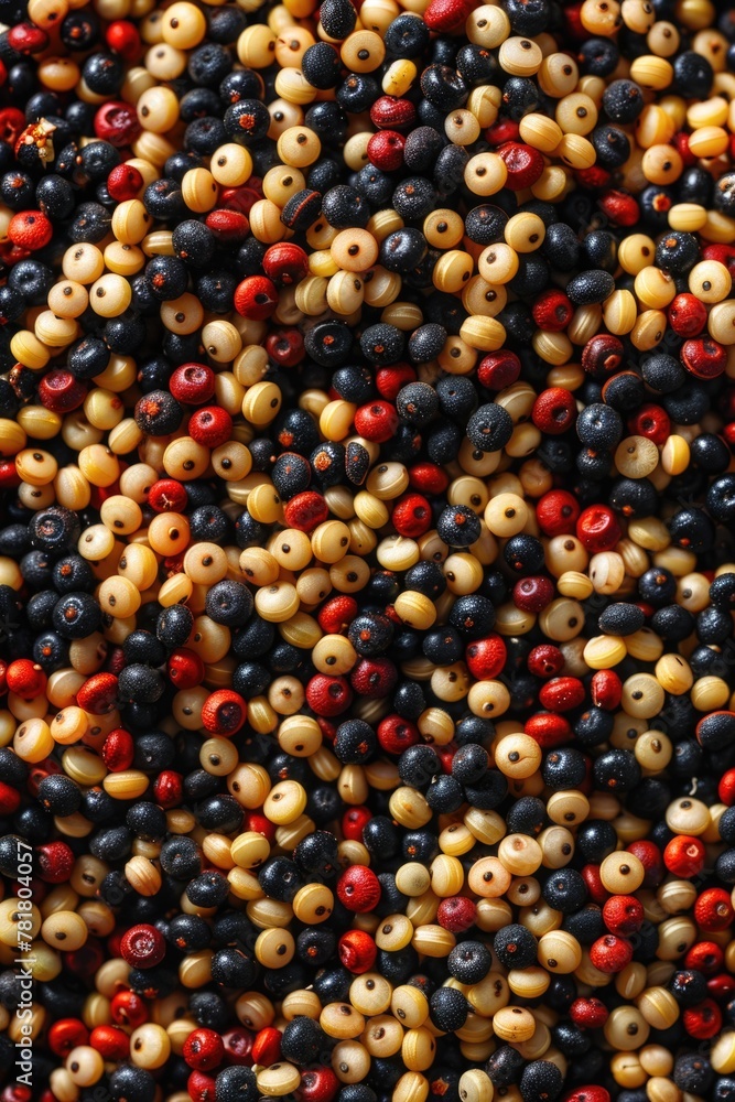 A close up of a bunch of different colored beads. The beads are of various sizes and colors, including black, red, and yellow. Concept of diversity and abundance
