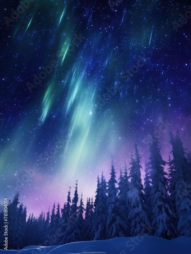 The sky is filled with stars and the aurora borealis is visible. The trees are bare and covered in snow © vefimov