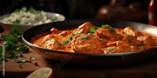 A bowl of red curry with chicken and parsley. The curry is served in a black bowl and is accompanied by rice