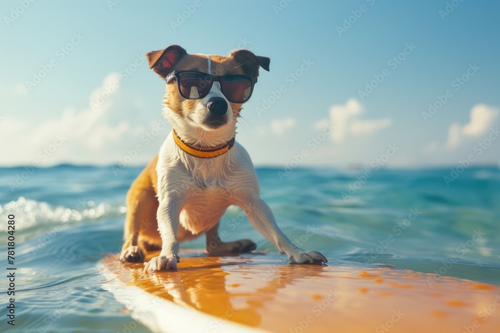 A dog is wearing sunglasses and sitting on a surfboard in the ocean. The dog is wearing a yellow collar and he is enjoying the water