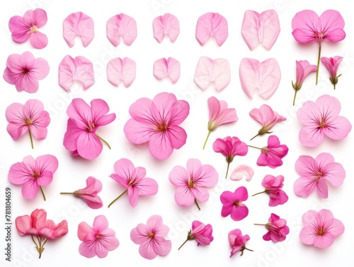 A collection of pink flowers with varying sizes and shapes. The flowers are arranged in a way that creates a sense of movement and flow. Scene is one of beauty and serenity
