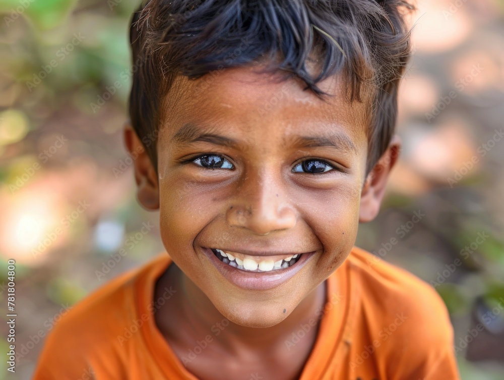 A young boy with brown hair and brown eyes is smiling. He is wearing an orange shirt. The boy's smile is bright and cheerful, and he is happy A young boy with brown hair and brown eyes is smiling. He is wearing an orange shirt. The boy's smile is bright and cheerful, and he is happy