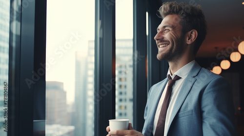 A man in a suit is smiling and holding a cup of coffee. Concept of relaxation and contentment, as the man is enjoying his coffee break in a busy city. The combination of the man's attire