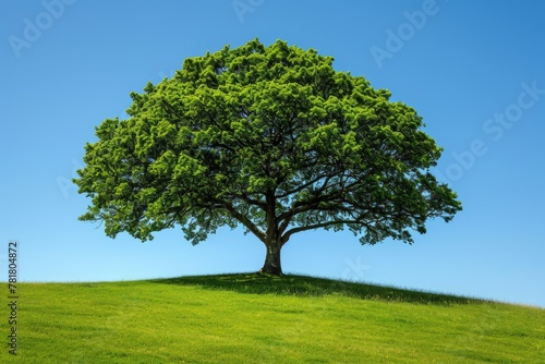 A large tree stands in a grassy field with a clear blue sky above it. The tree is the focal point of the image, and the grassy field and blue sky create a peaceful and serene atmosphere