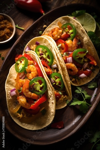 Three tacos with shrimp, peppers, and onions on a plate. The plate is on a wooden table