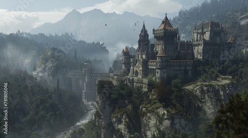 Neo-Medieval Majesty Hovering castles with photon-beam battlements patrolled by knights in exoskeleton armor. photo