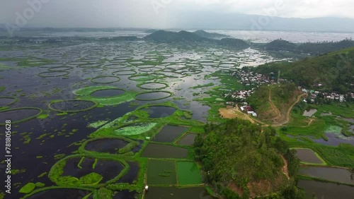 Aerial view loktak lake is the largest freshwater lake and thanga village in India as well as the largest lake in manipur north east India.