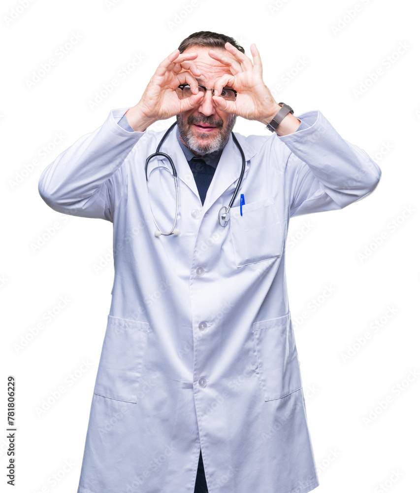 Middle age senior hoary doctor man wearing medical uniform isolated background doing ok gesture like binoculars sticking tongue out, eyes looking through fingers. Crazy expression. Middle age senior hoary doctor man wearing medical uniform isolated background doing ok gesture like binoculars sticking tongue out, eyes looking through fingers. Crazy expression.