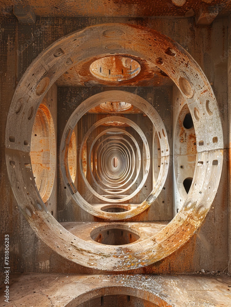 Abstract photography masterpiece capturing the essence of two-point perspective in a surreal spaceship-themed setting.
