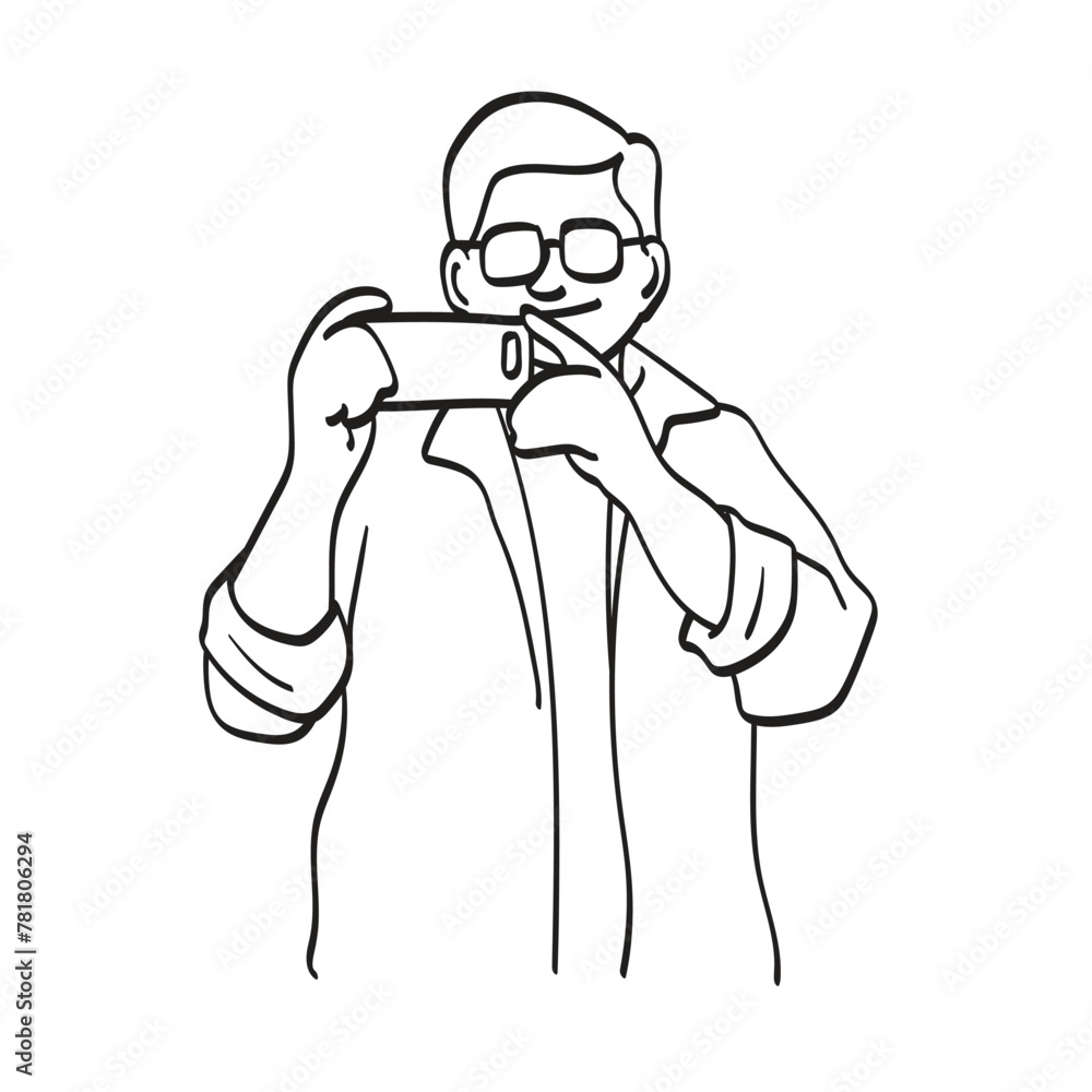 man with glasses taking photo with his smartphone illustration vector hand drawn isolated on white background man with glasses taking photo with his smartphone illustration vector hand drawn isolated on white background