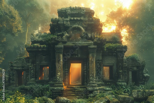 An ancient temple lost in the jungle. The temple's intricate archways frame a view of the surrounding jungle, a reminder of the seamless connection between man and nature. photo