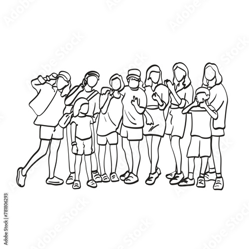nine people taking photo together illustration vector hand drawn isolated on white background