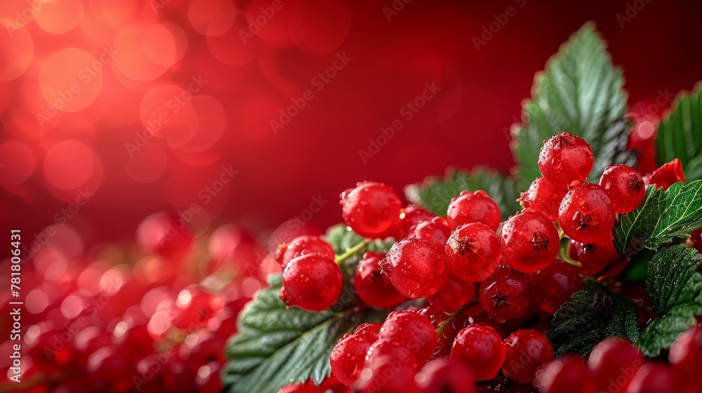 A tight shot of red berries, adorned with green foliage and dotted with dewdrops atop A tight shot of red berries, adorned with green foliage and dotted with dewdrops atop