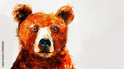 A drawing of a brown bear's face with a blue nostril and a black nostril on a white background