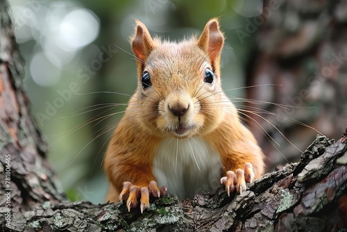 A funny curious squirrel in a city park looks straight into the camera. Close-up portrait.