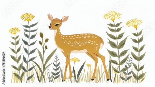   A deer depicted in a field  surrounded by tall grass  dandelions and wildflowers populate the background